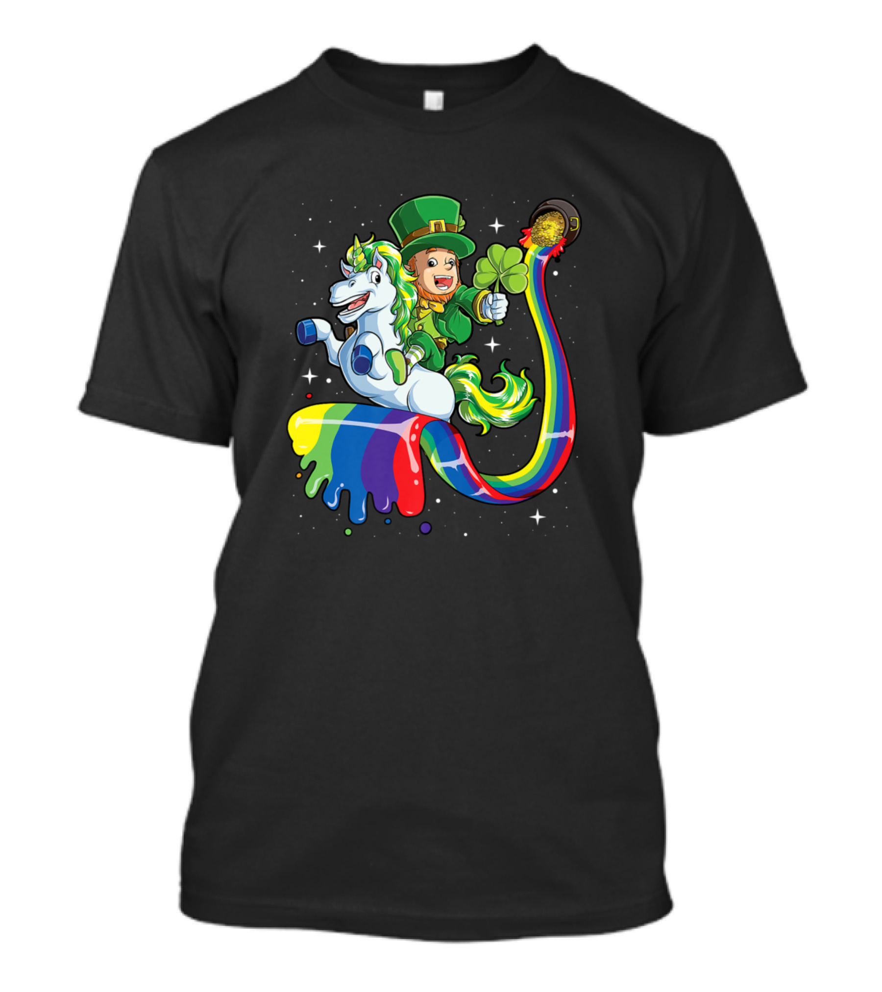 Lepricorn Leprechaun Riding Rainbow Unicorn With Clover And Pot Of Gold T-Shirt