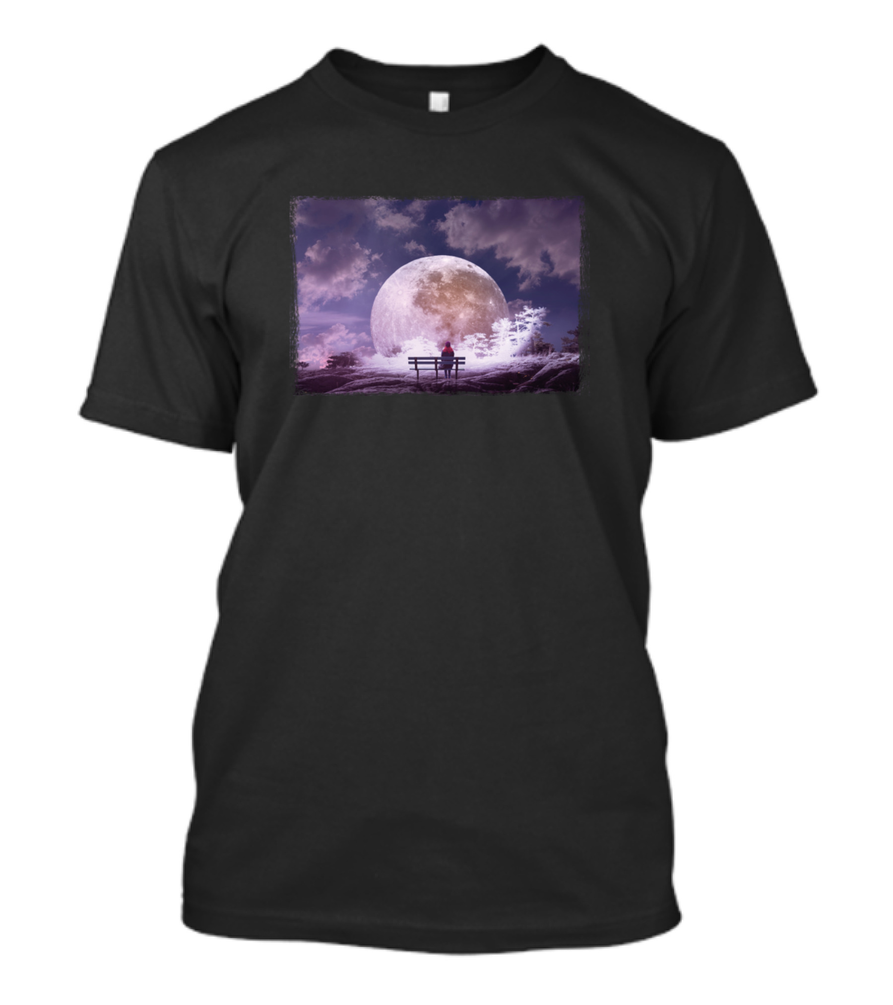 Lonely Girl On Bench Under Full Moon Night Sky T-Shirt