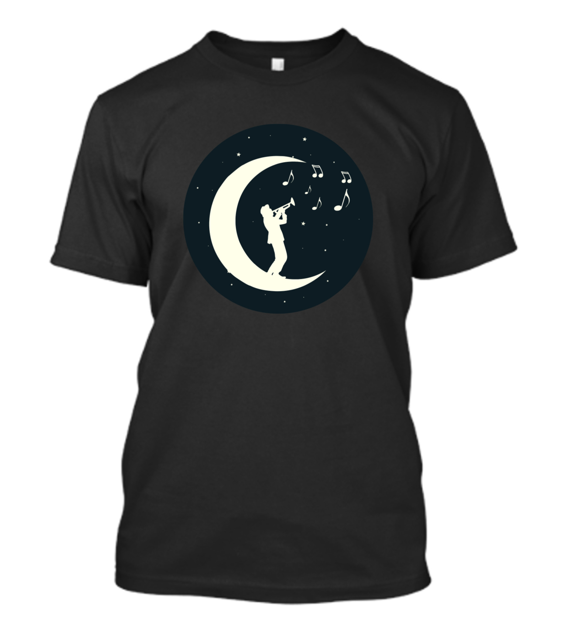 Music Trumpet Man Playing On Crescent Moon With Stars And Musical Notes T-Shirt