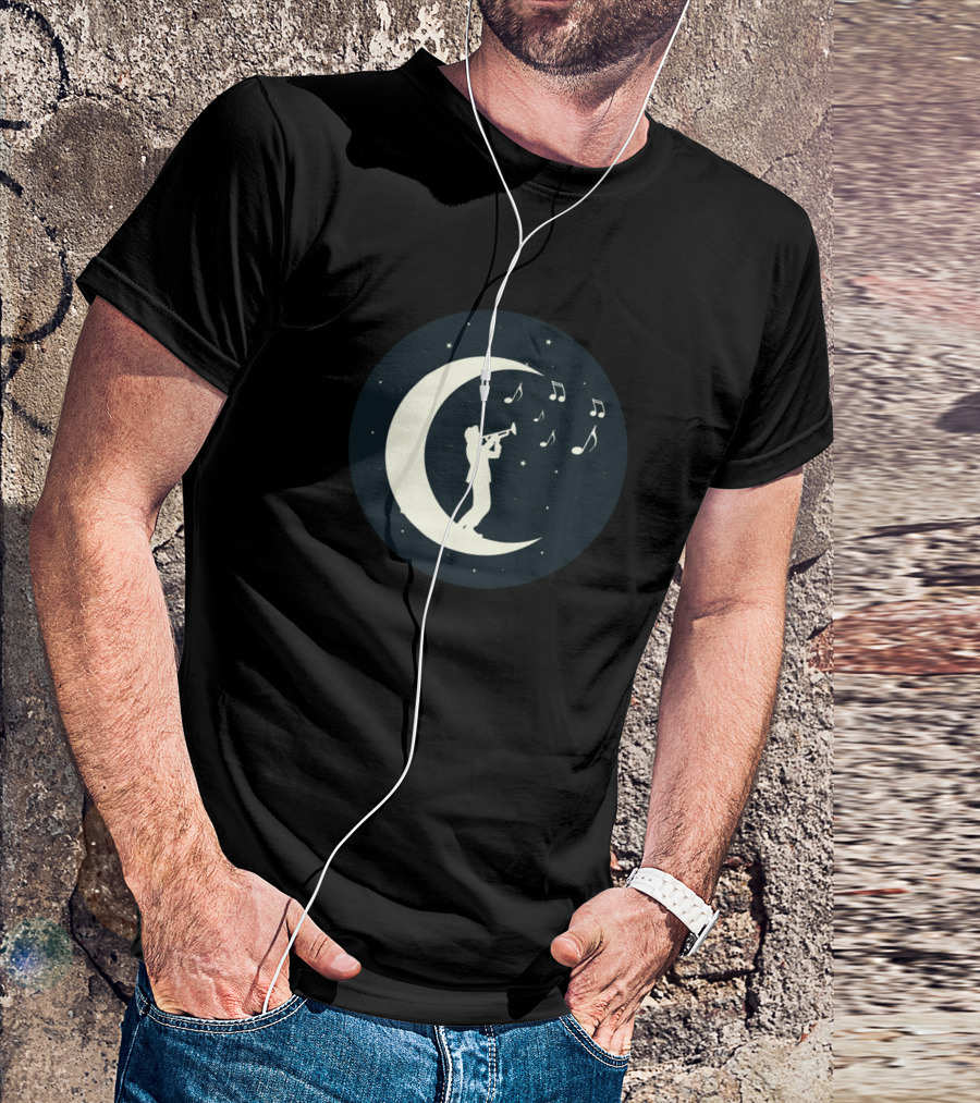 Music Trumpet Man Playing On Crescent Moon With Stars And Musical Notes T-Shirt