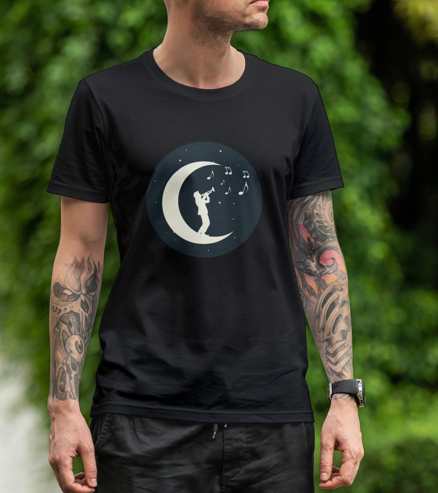 Music Trumpet Man Playing On Crescent Moon With Stars And Musical Notes T-Shirt