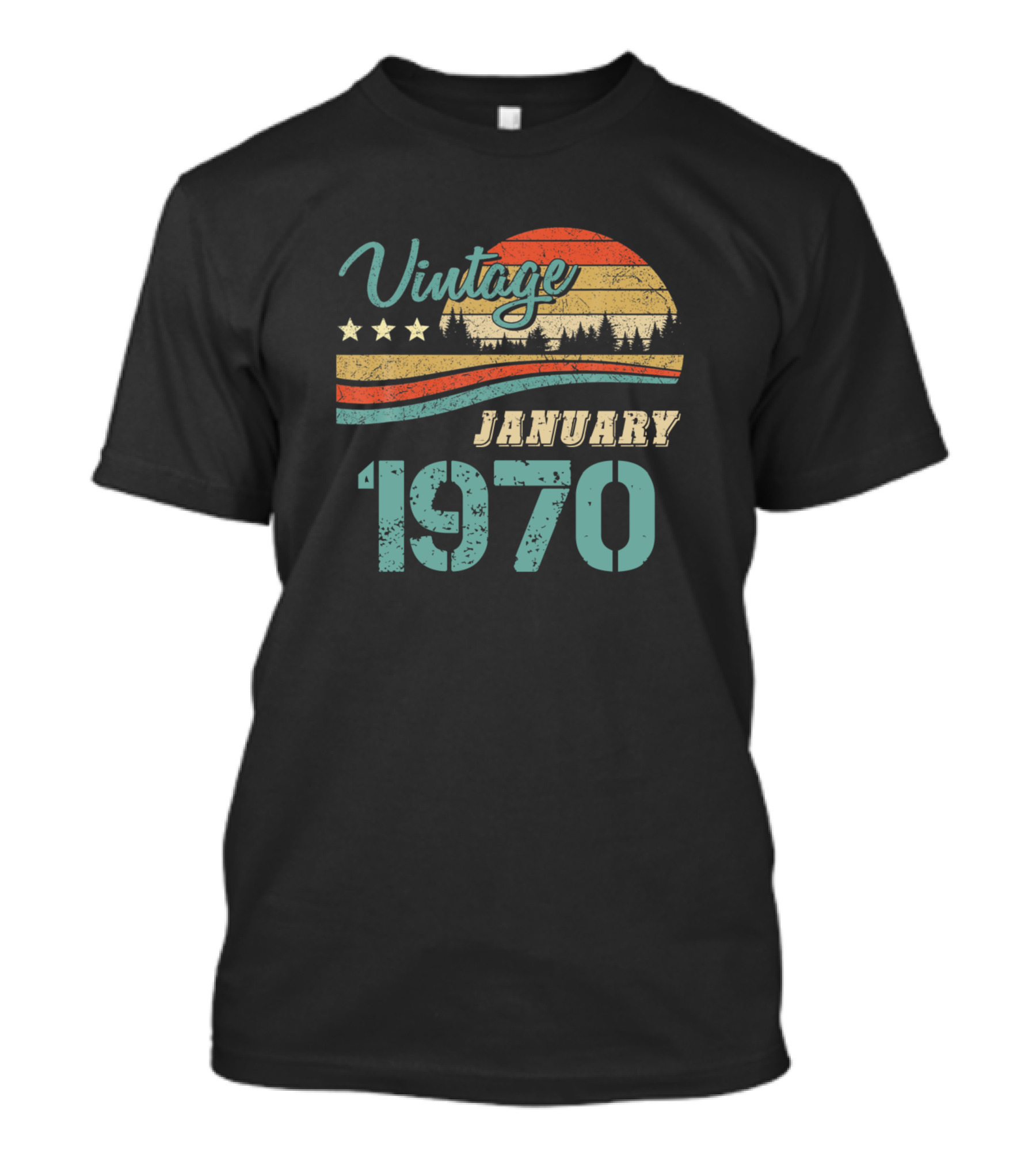 Vintage January 1970 Retro Sunset Forest Scene T-Shirt