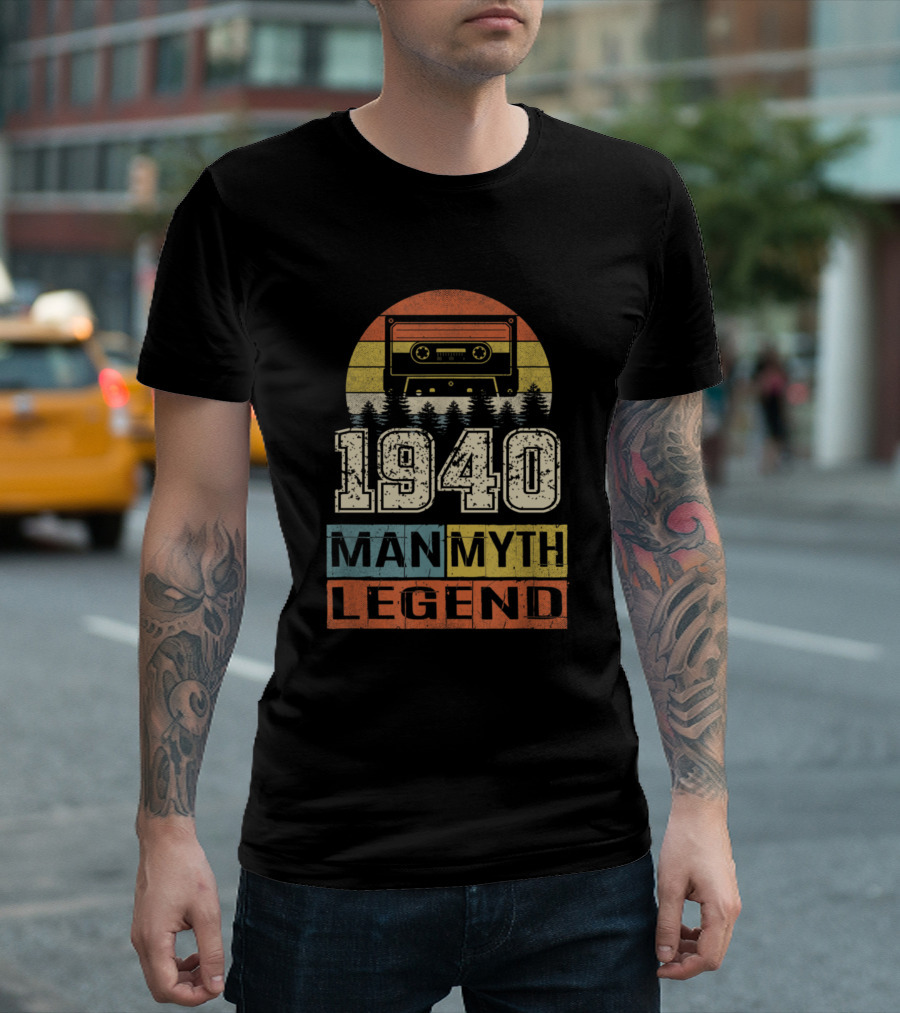 1940 Man Myth Legend Vintage Cassette Tape Retro Stripes T-Shirt