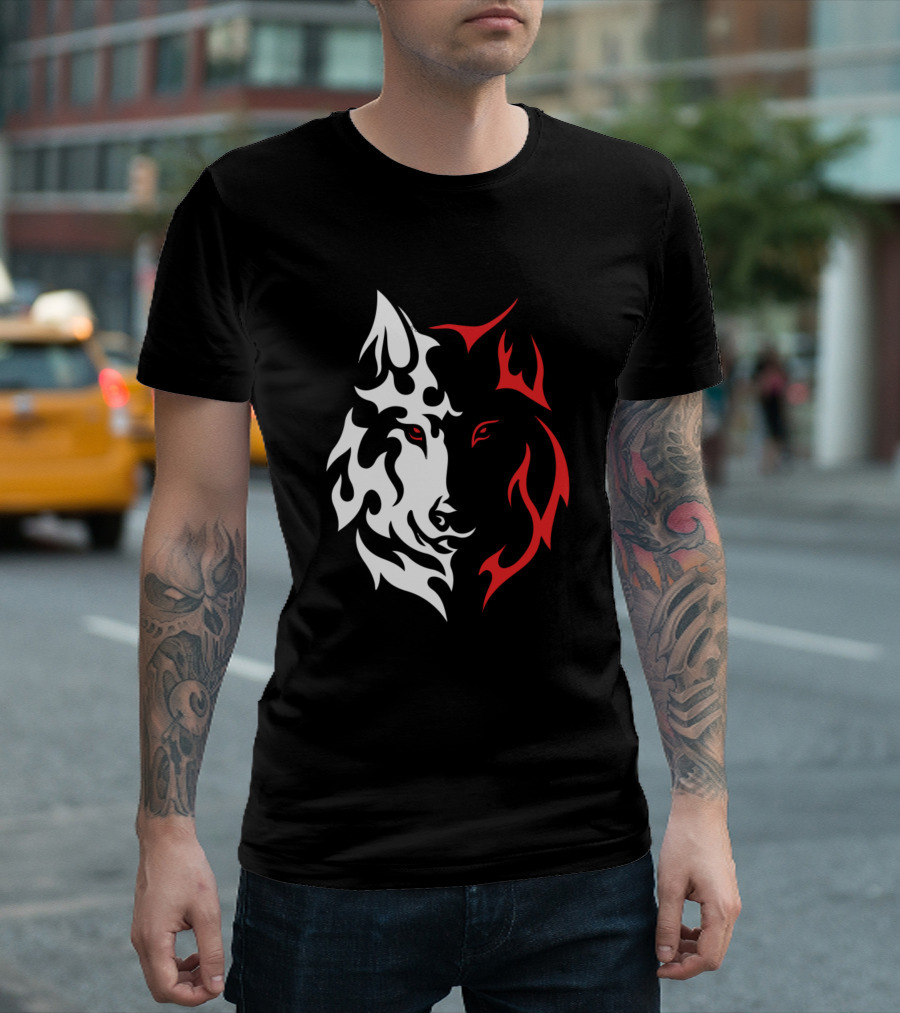 Wolf Face White And Red Duality T-Shirt