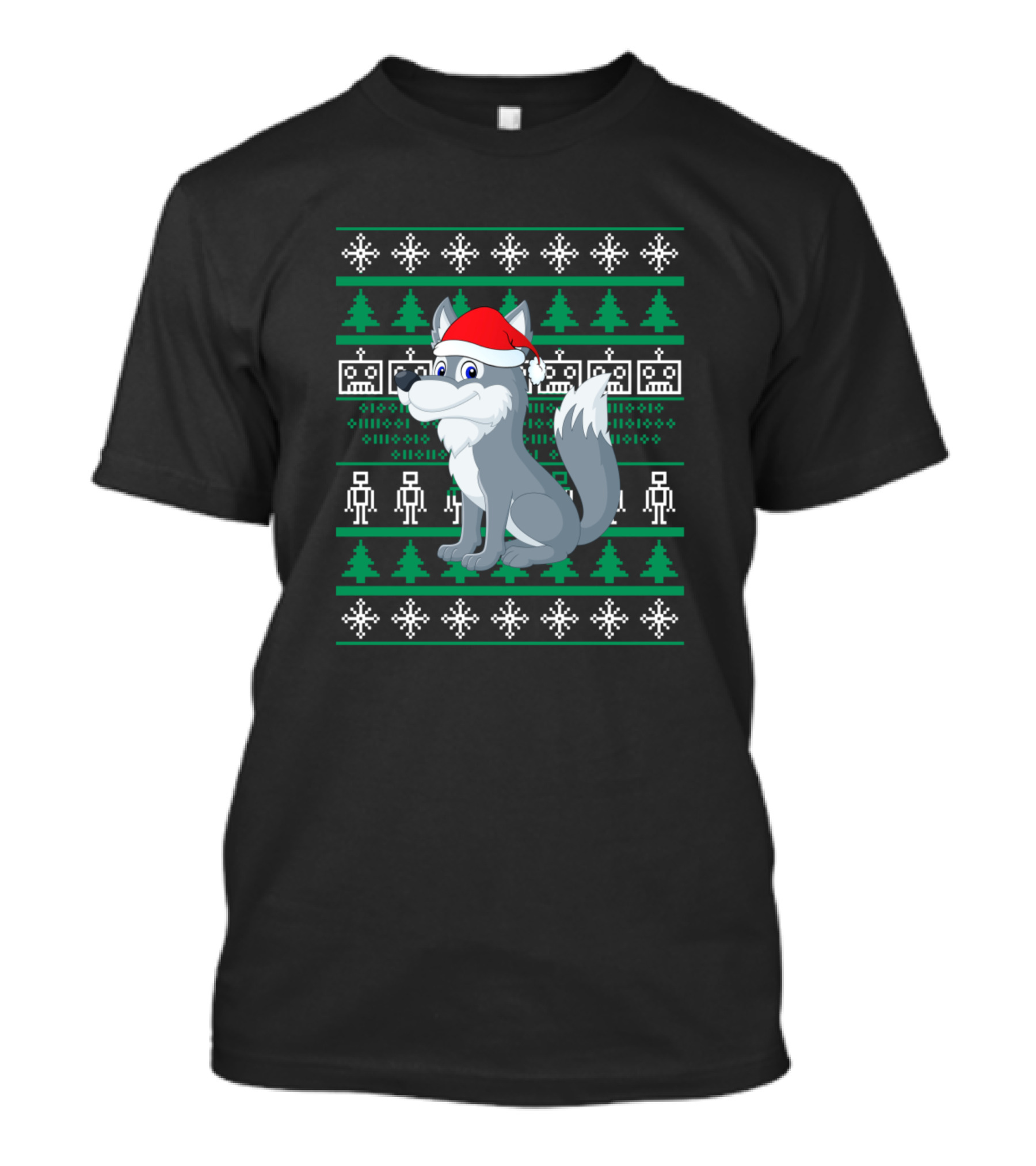 Wolf Santa Hat Ugly Christmas Sweater Style Snowflakes Trees Robots T-Shirt