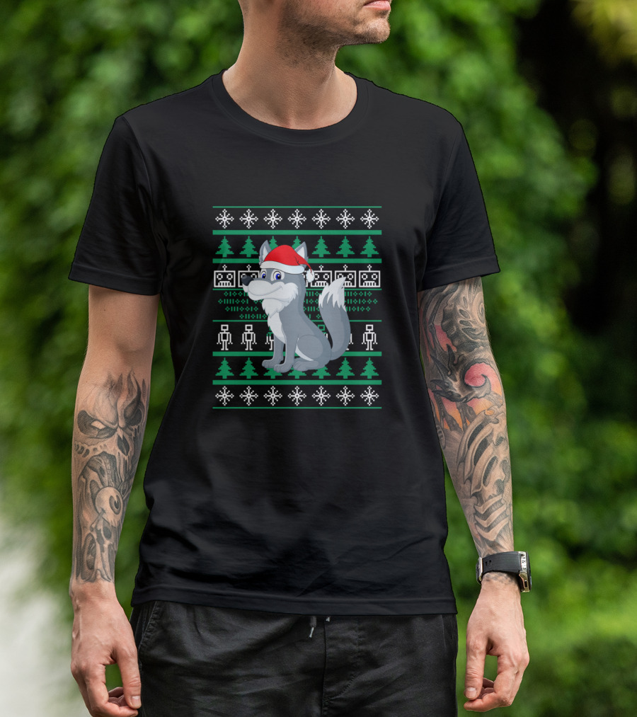 Wolf Santa Hat Ugly Christmas Sweater Style Snowflakes Trees Robots T-Shirt