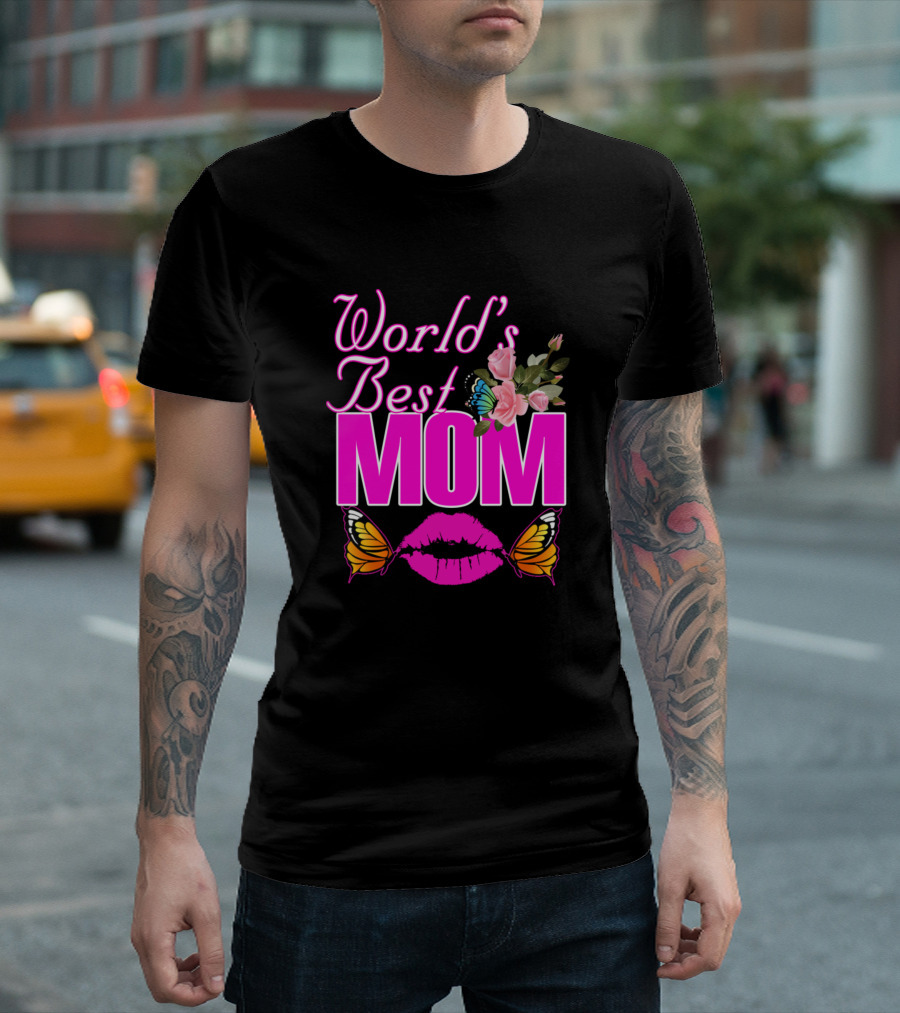 World's Best Mom With Roses And Butterflies T-Shirt