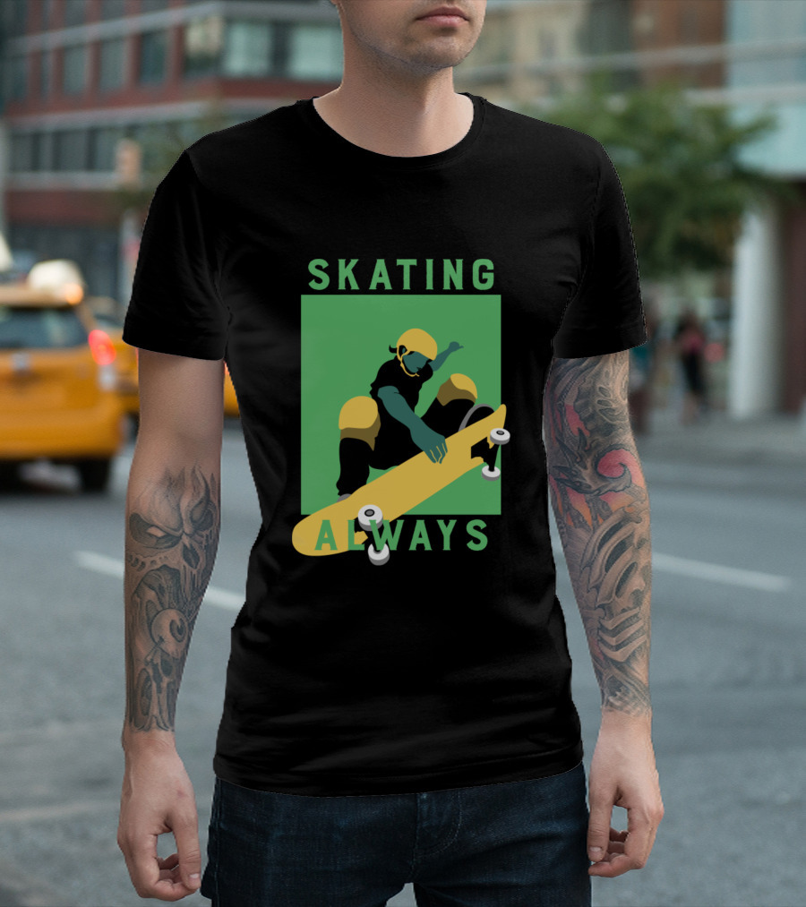 Skating Always Skateboarder in Yellow and Black Gear T-Shirt