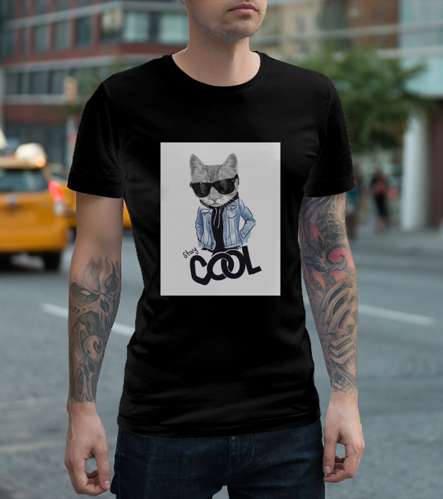 Stay Cool Sunglasses Cat in Denim Jacket Concept T-Shirt