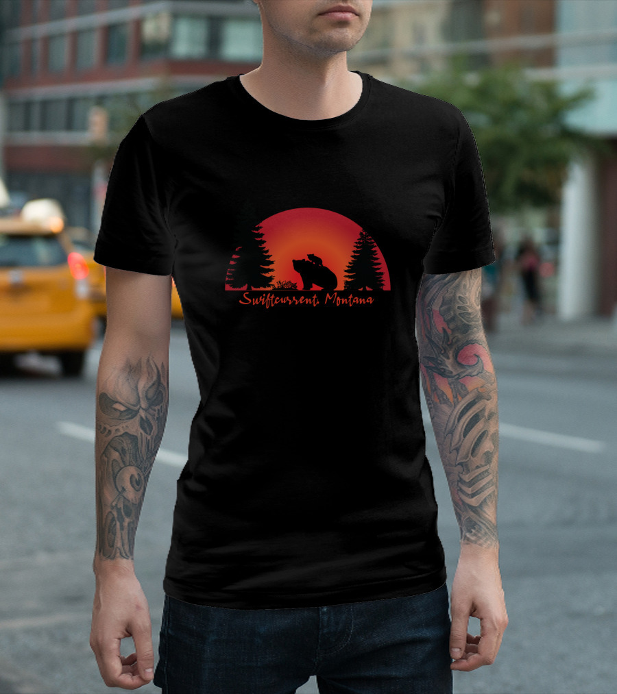 Swiftcurrent Montana Bear Silhouette at Sunset with Pine Trees T-Shirt