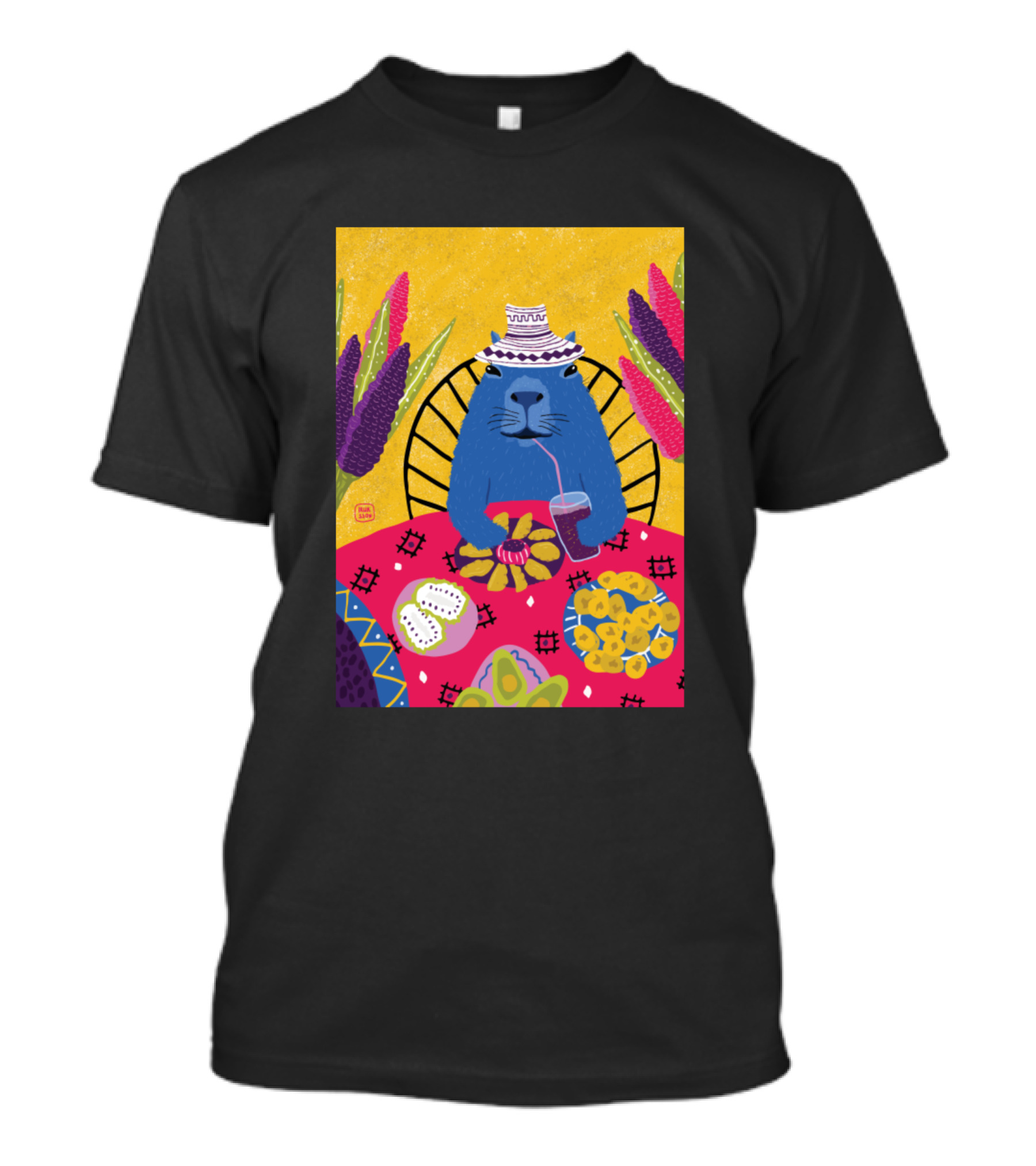 Taking A Leisurely Sip With A Blue Cat In A Vibrant Tropical Setting T-Shirt