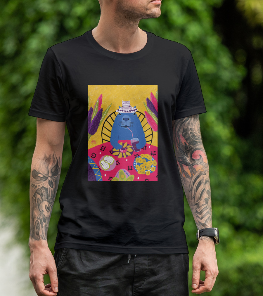 Taking A Leisurely Sip With A Blue Cat In A Vibrant Tropical Setting T-Shirt