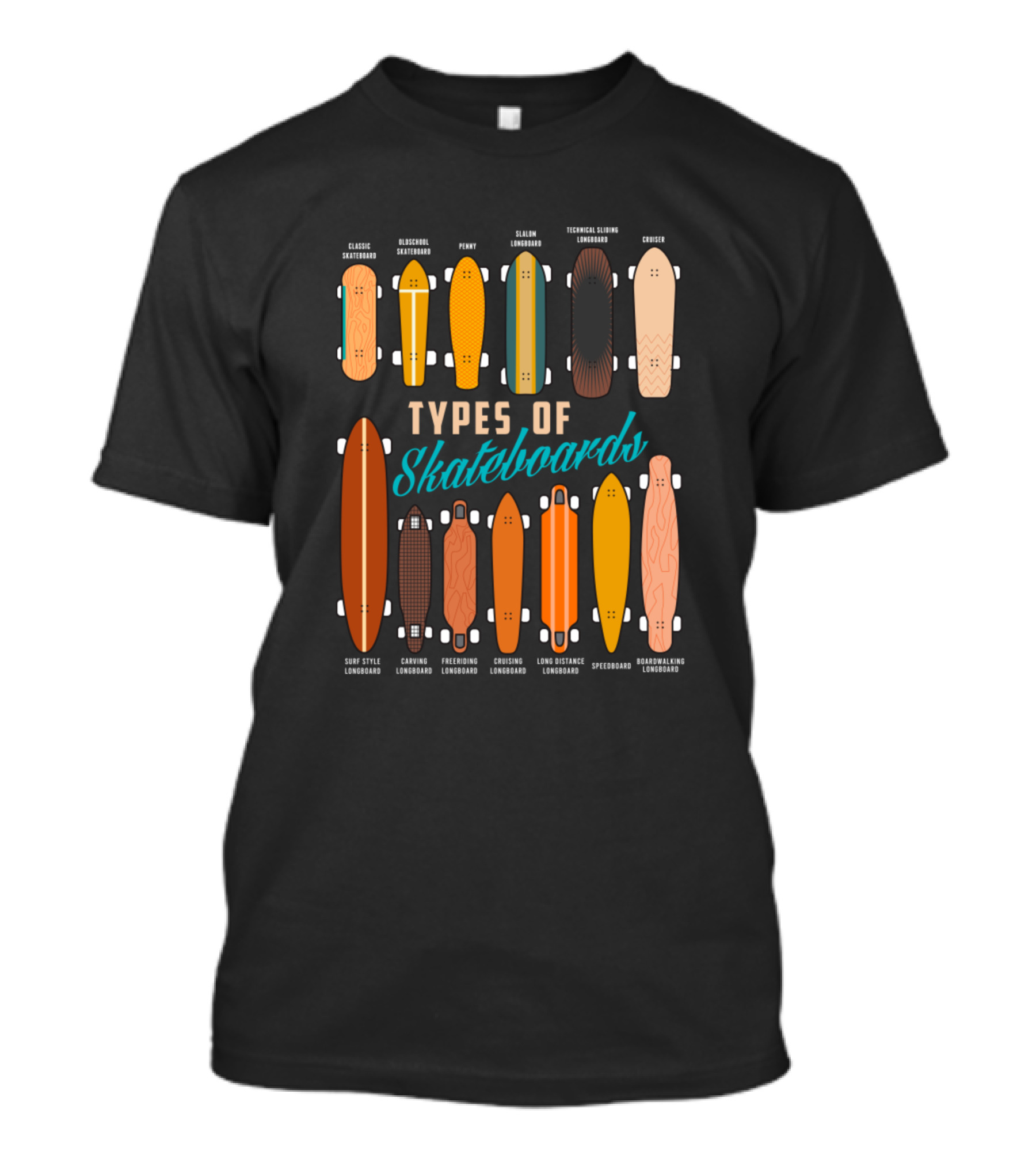 Classic, Cruiser, Pintail, Freeride, Carver, Technical Slalom, Long Distance, Downhill, Slalom, Speedboard, Surf, Mini, Skateboard Types T-Shirt