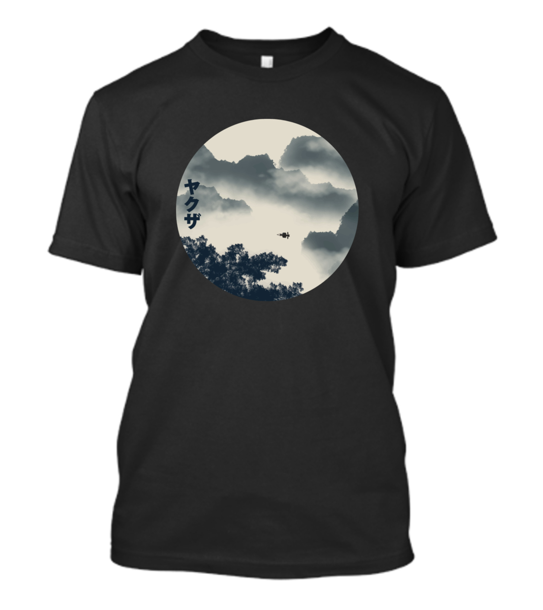 Vintage Japan Circle Landscape Yakuza Misty Mountains T-Shirt