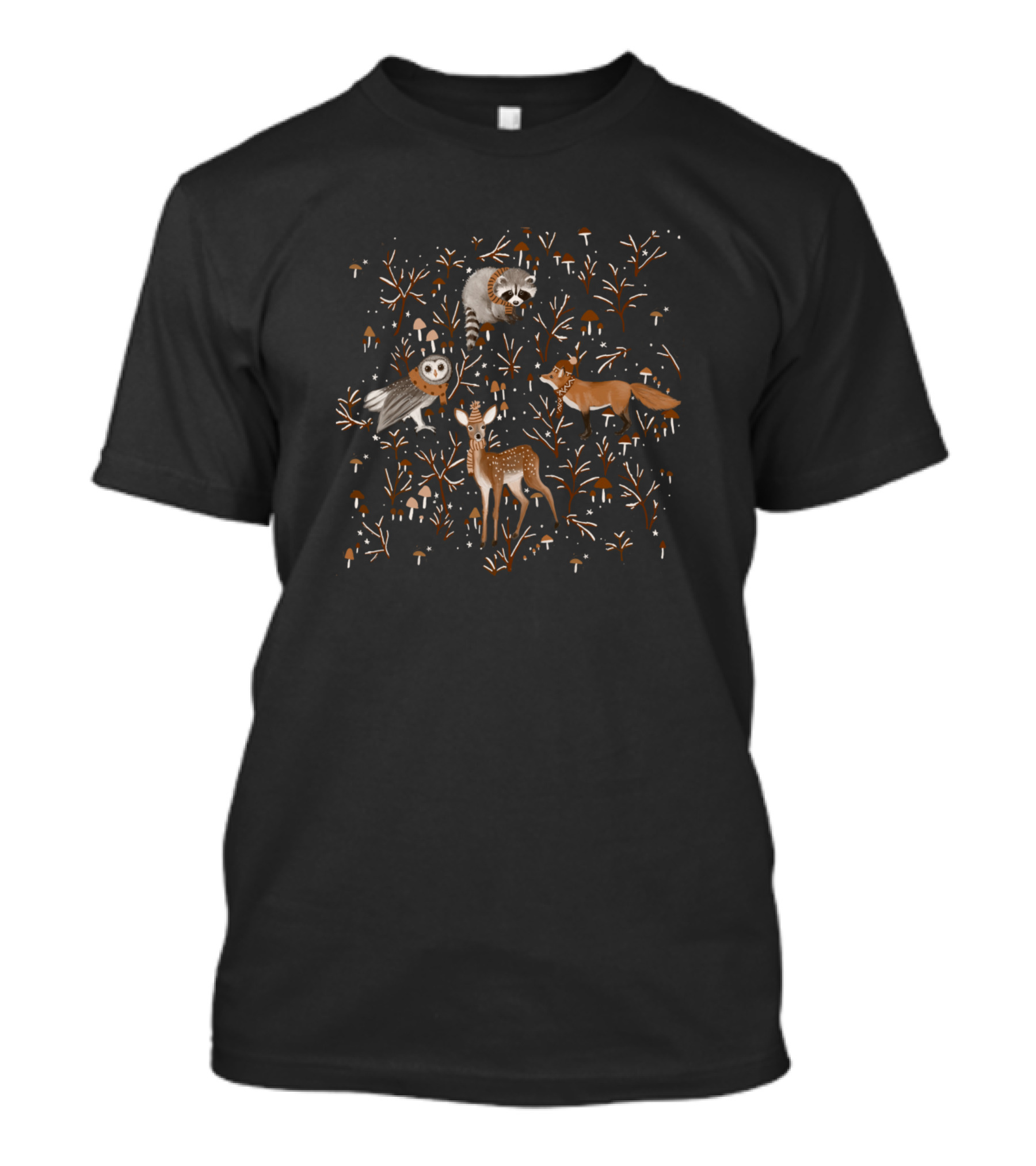 Winter Woodland Raccoon Owl Deer Fox Forest T-Shirt