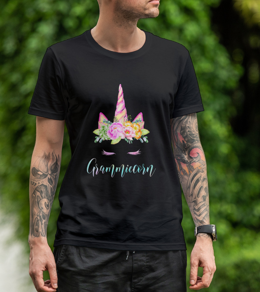 Grammiecorn Unicorn Floral Horn Eyelashes T-Shirt