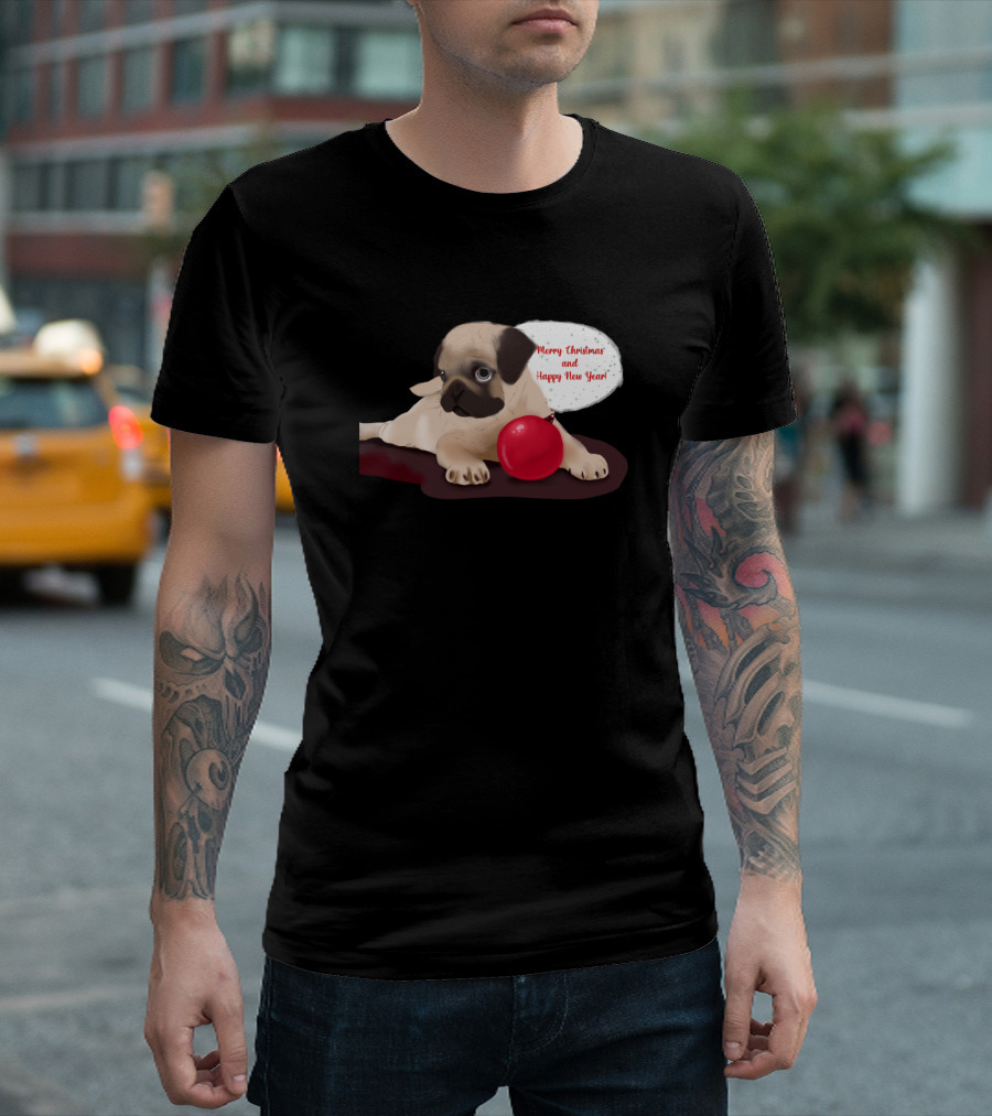 Merry Christmas and Happy New Year Pug with Red Ball T-Shirt
