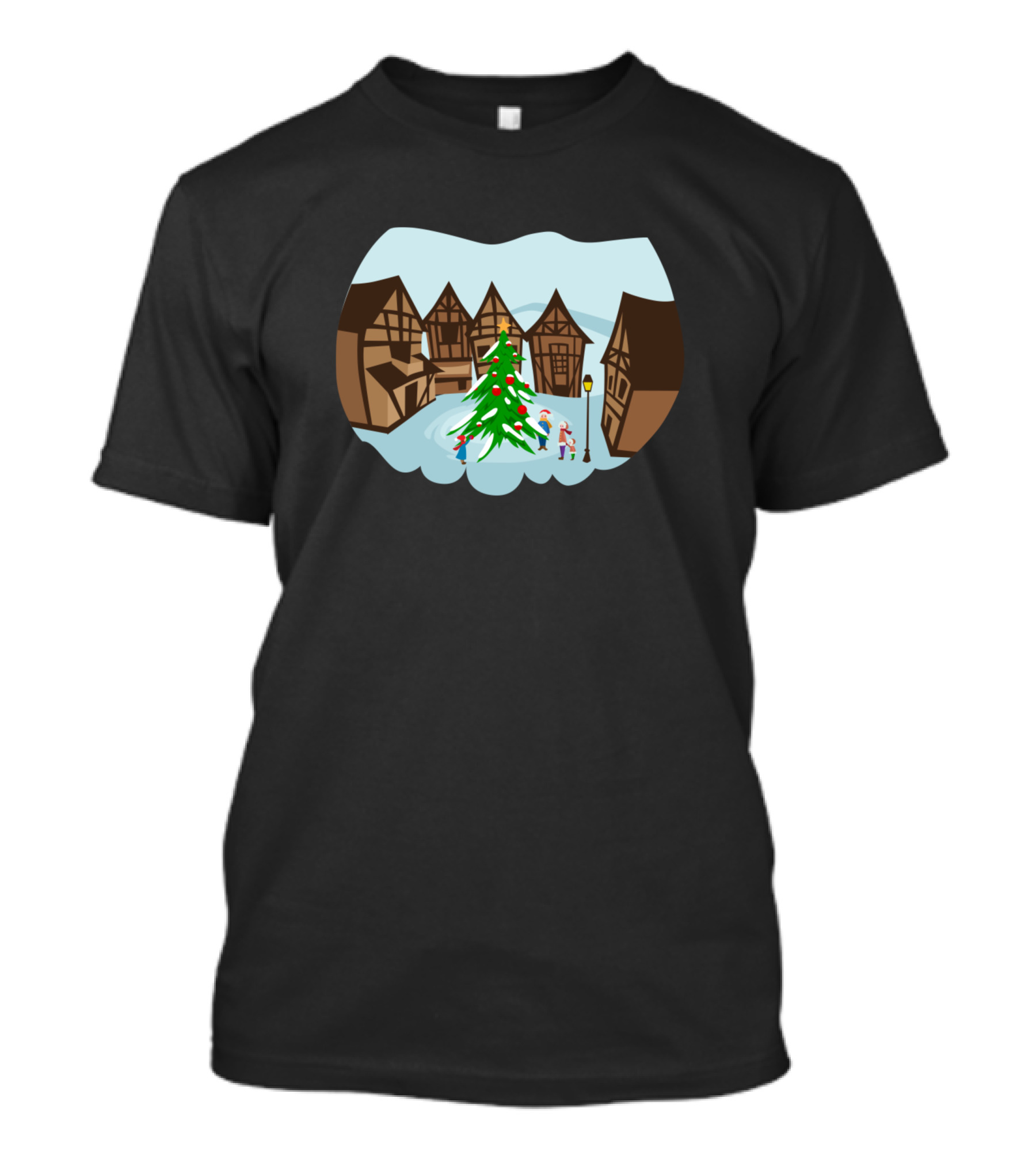 Christmas Village Snowy Scene With Decorated Tree And Houses T-Shirt