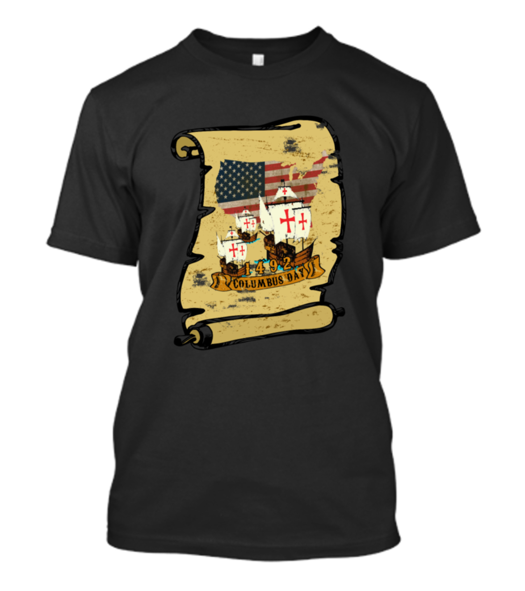 1492 Columbus Day American Flag Ships Scroll T-Shirt