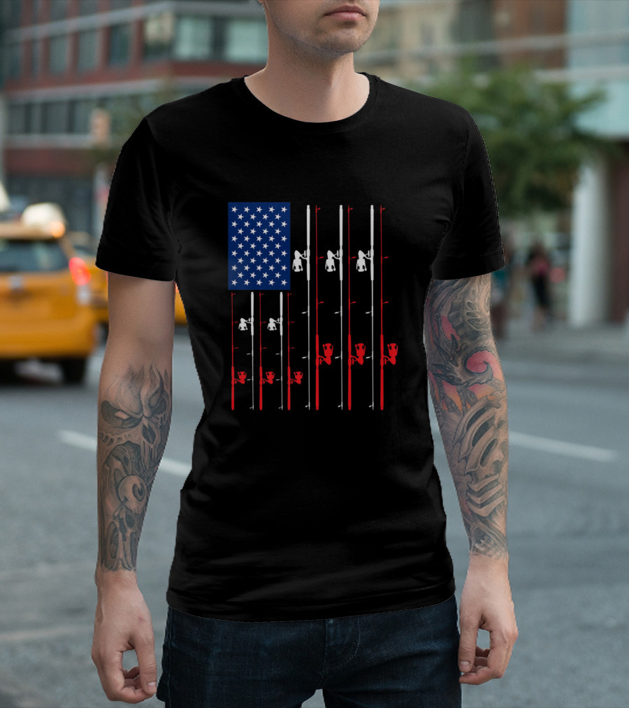 USA Flag Fishing Rods Cute Fish Hunting T-Shirt