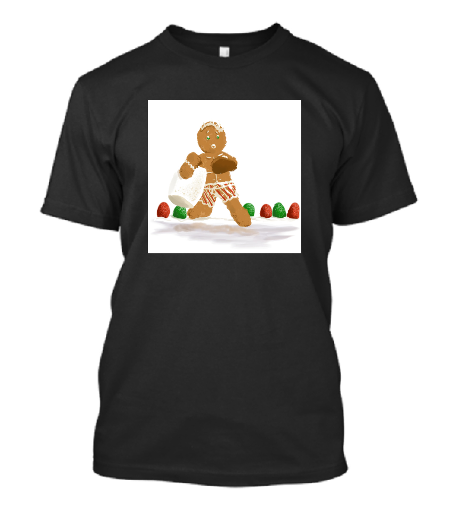 Gingerbread Cookie In Candy Shorts Running On Snow With Candy Decoration T-Shirt