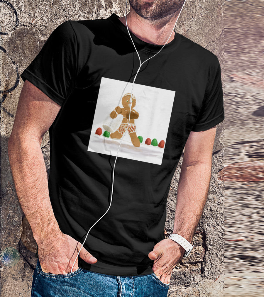 Gingerbread Cookie In Candy Shorts Running On Snow With Candy Decoration T-Shirt