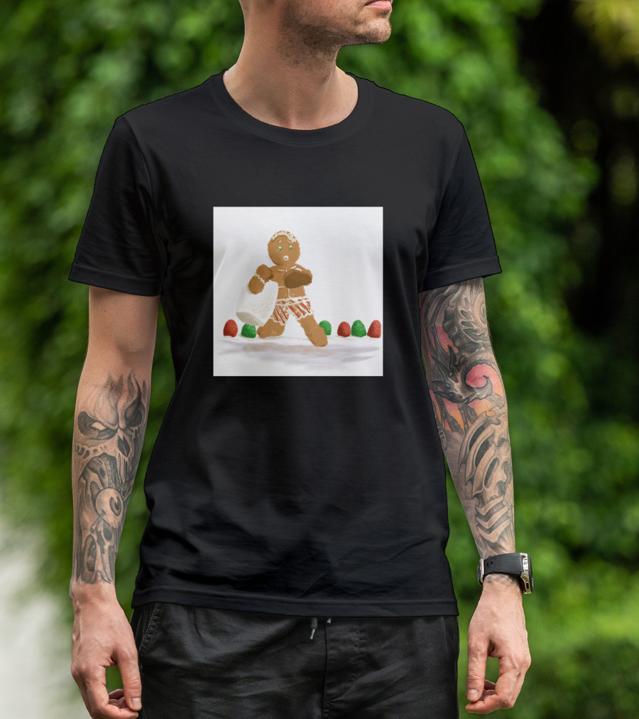 Gingerbread Cookie In Candy Shorts Running On Snow With Candy Decoration T-Shirt