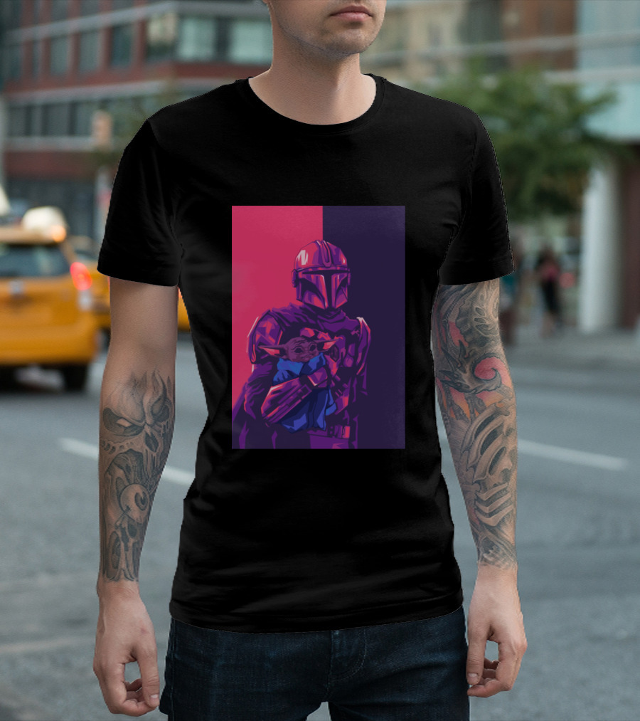 Mandolarian Holding Alien Baby in Retro Color Split T-Shirt