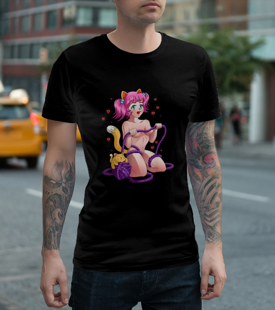 Neko Girl Anime Catgirl Manga Fan Cute Pink-Haired Character with Purple Rope and Cat Ears T-Shirt