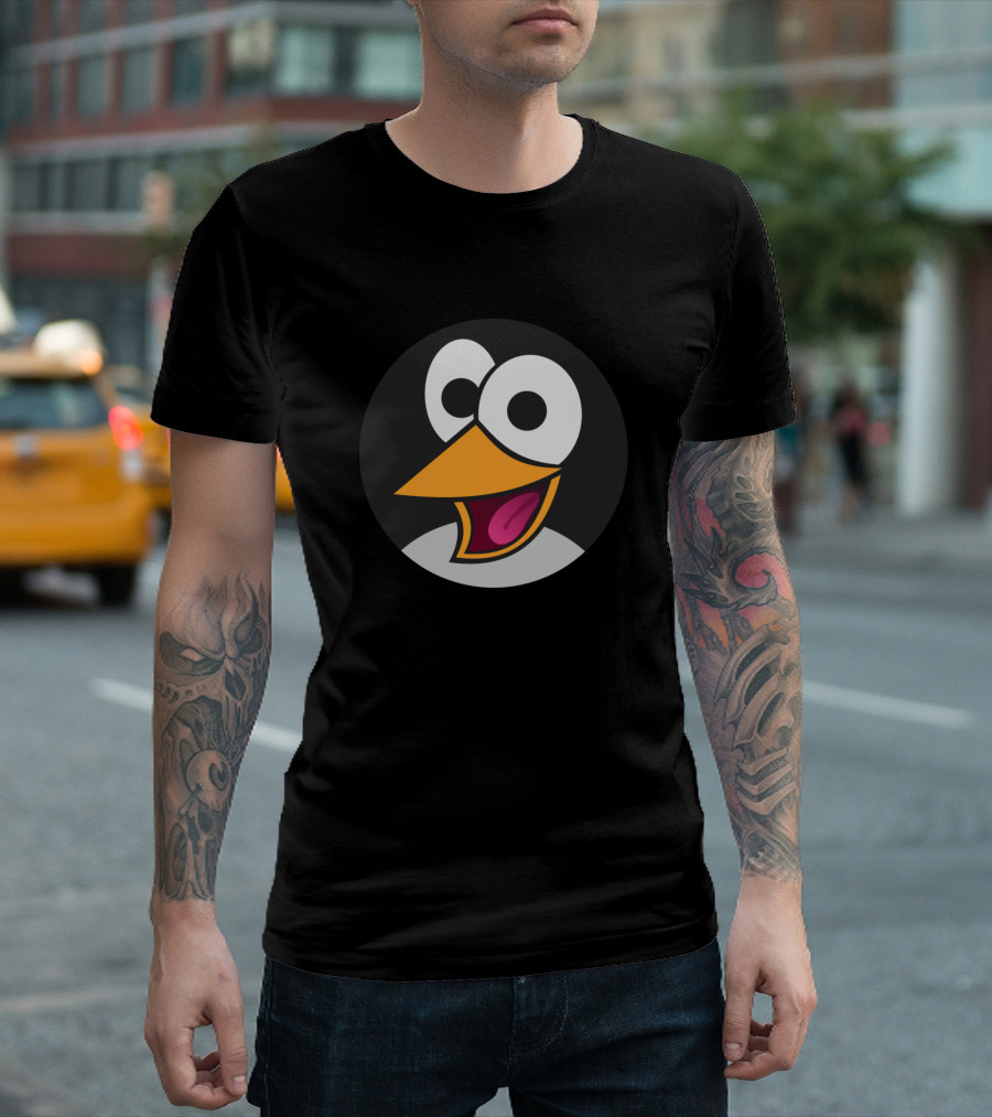 Penguin Laughing Cartoon Face with Exaggerated Eyes and Open Beak T-Shirt