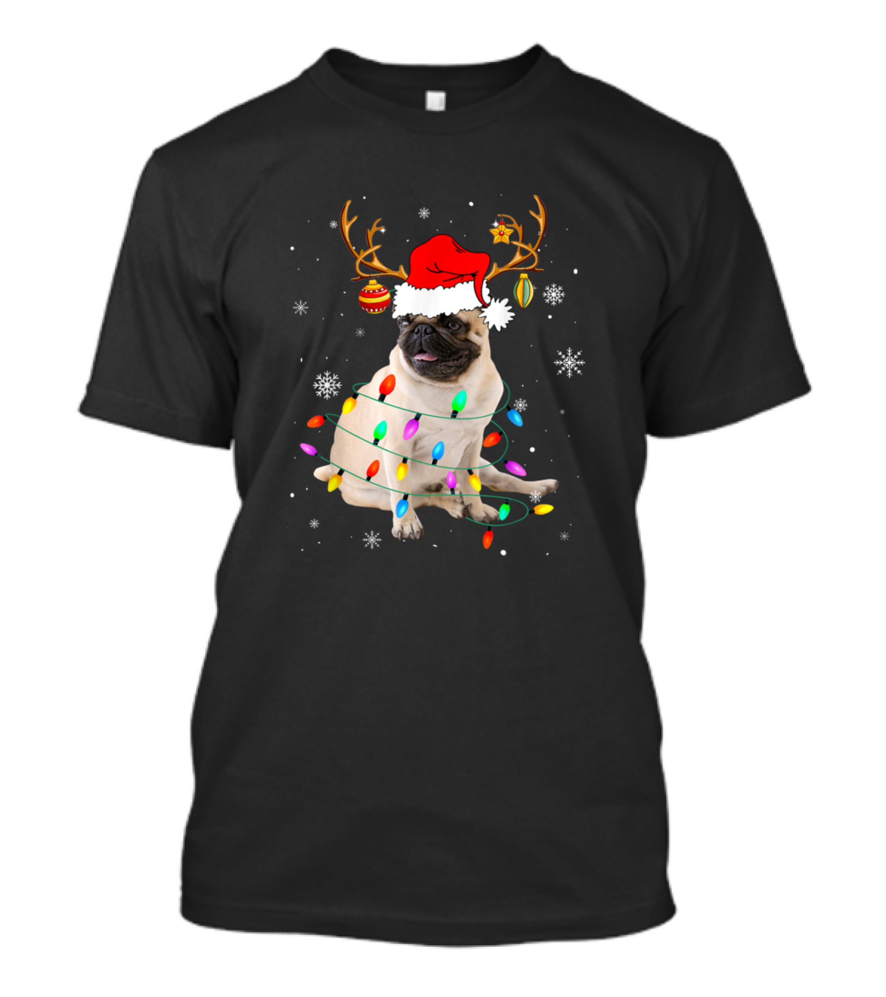 Pug Reindeer Santa Hat Wrapped In Christmas Lights With Snowflakes And Ornament Accents T-Shirt
