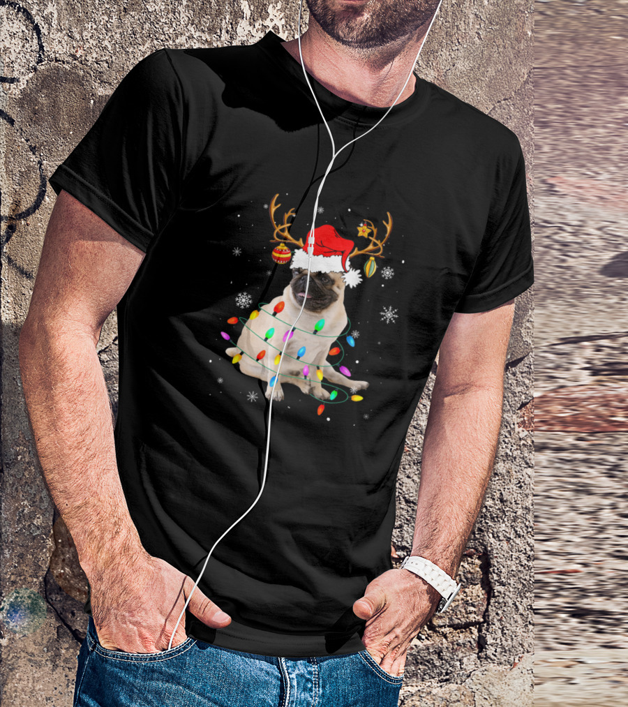 Pug Reindeer Santa Hat Wrapped In Christmas Lights With Snowflakes And Ornament Accents T-Shirt