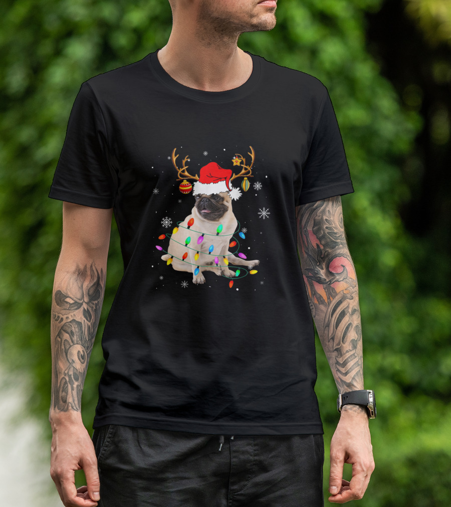 Pug Reindeer Santa Hat Wrapped In Christmas Lights With Snowflakes And Ornament Accents T-Shirt