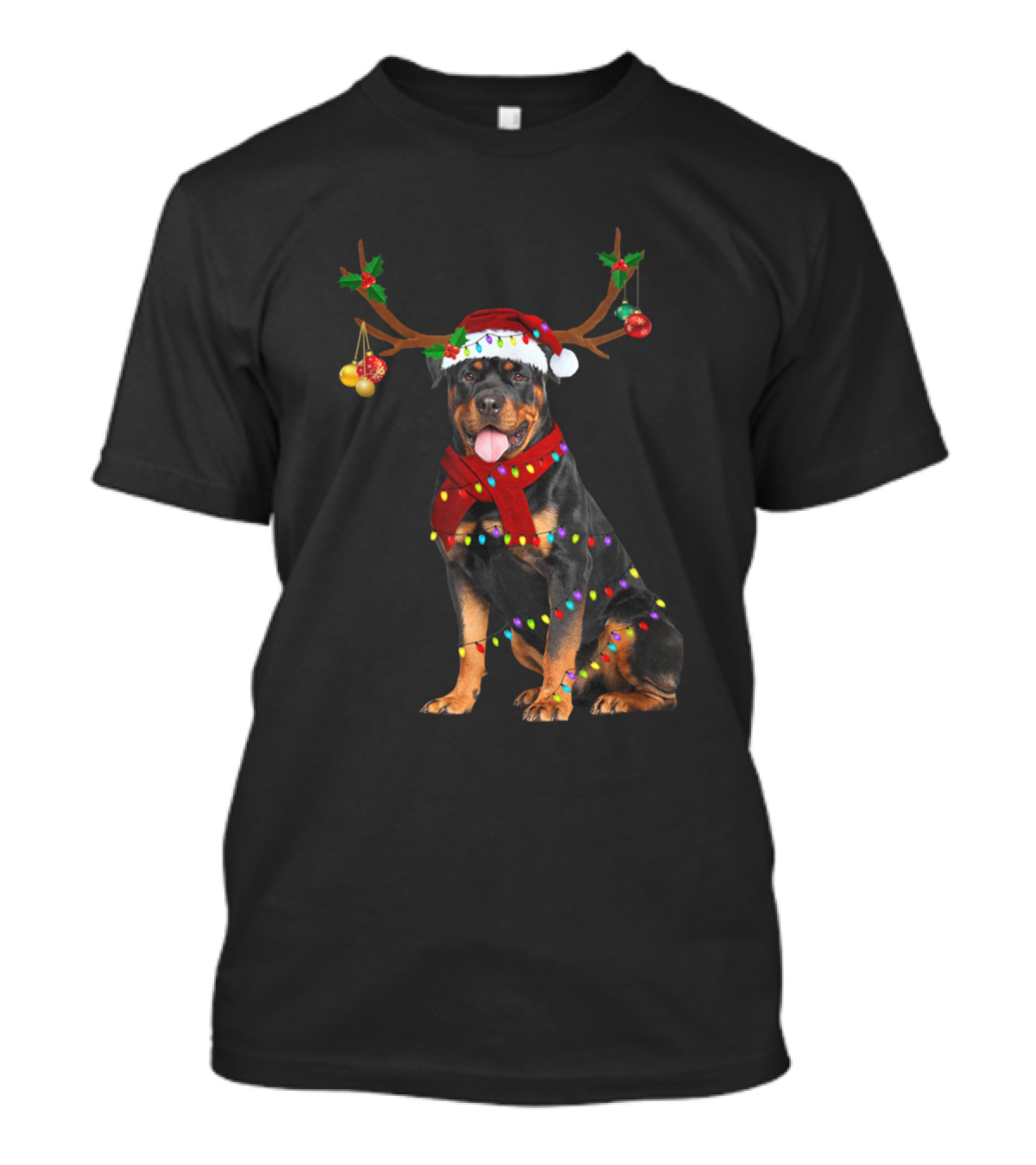 Rottweiler Reindeer Antlers Santa Hat Christmas Ornaments Lights T-Shirt