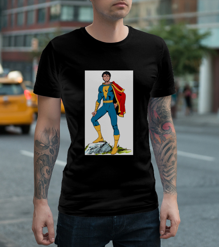 Shazam Captain Marvel Jr Classic Comic Superhero in Red Cape and Blue Suit T-Shirt
