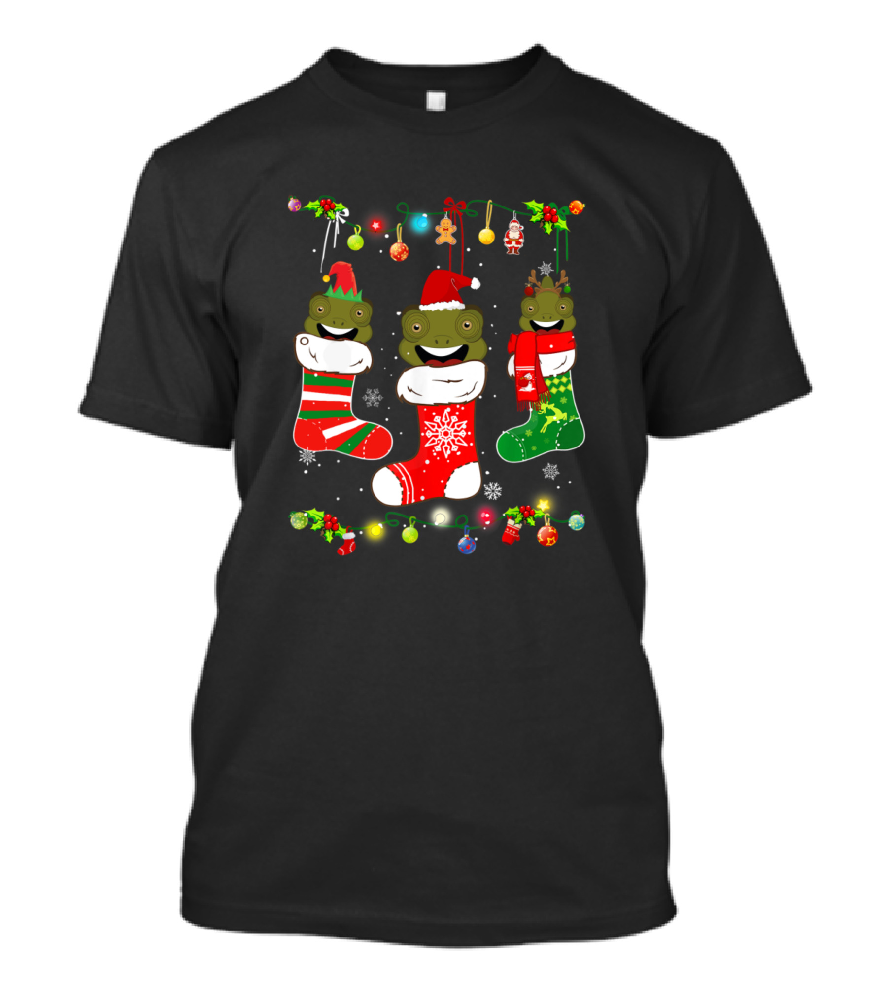 Socks Merry Christmas Chameleon Stockings Santa Lights Snowflakes Holiday T-Shirt