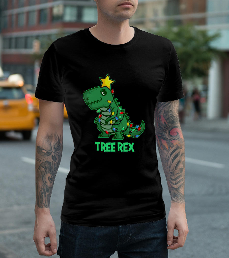 Tree Rex Christmas Dino Lights Star T-Shirt