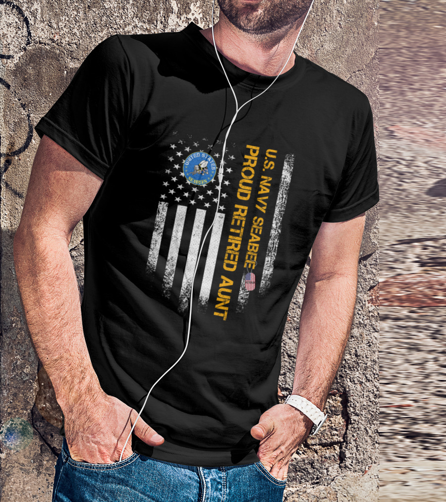 United States Seabee U.S. Navy Proud Retired Aunt Vintage American Flag T-Shirt