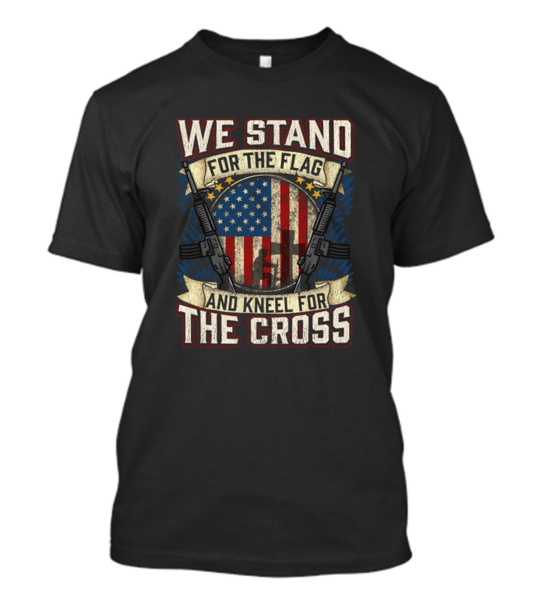 We Stand For The Flag And Kneel For The Cross American Flag Rifle Cross Banner T-Shirt