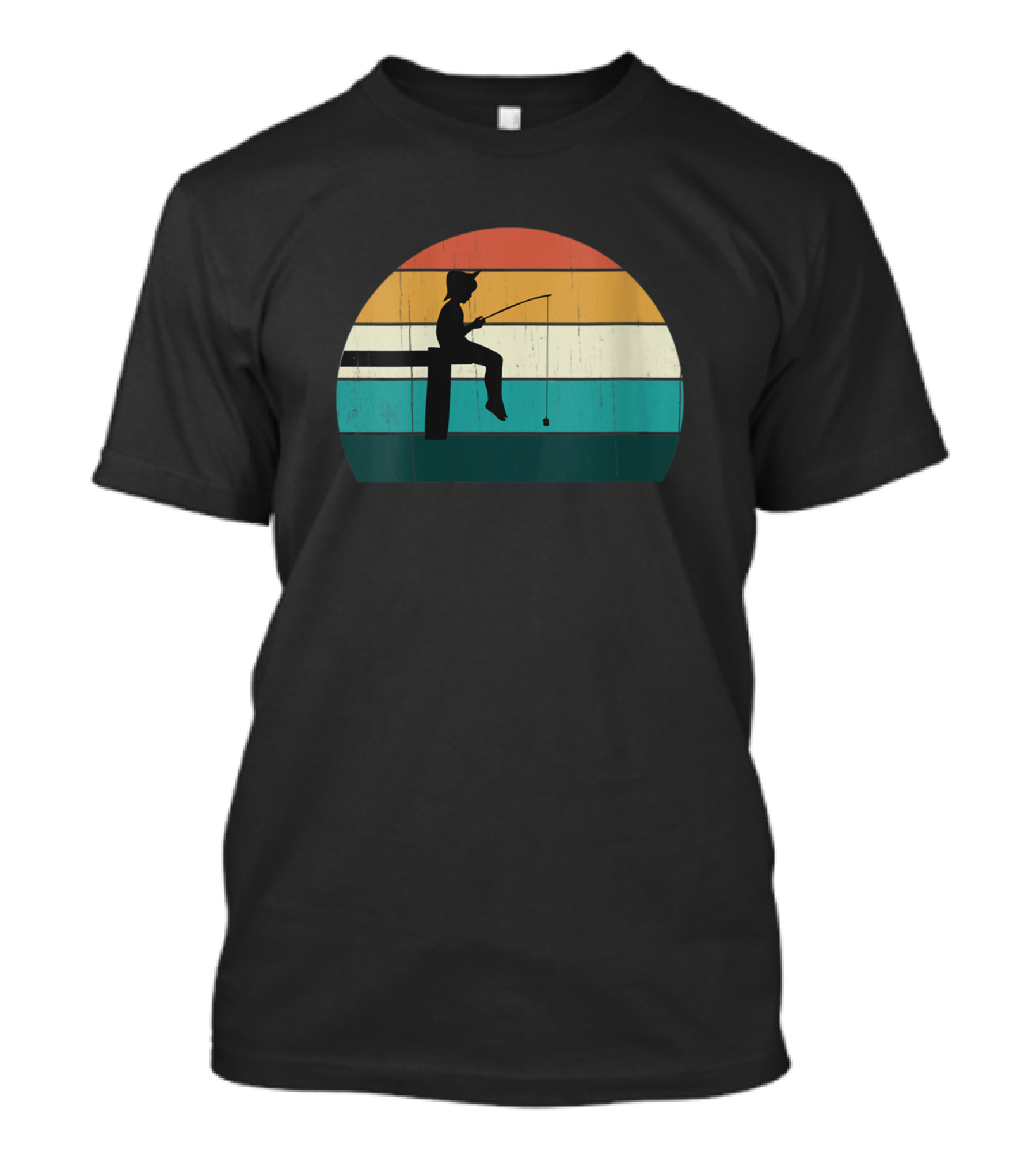 Funny Fisher Boy Silhouette On Retro Sunset Fishing Scene T-Shirt