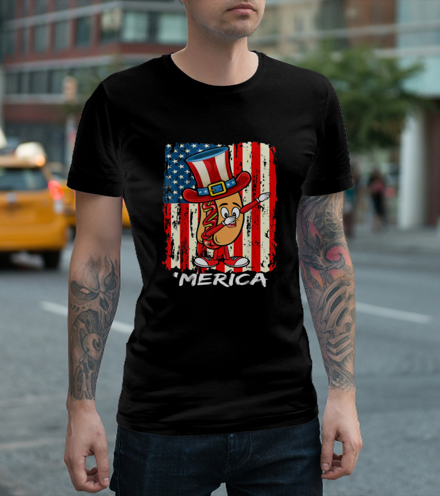 American Flag USA Dabbing Hotdog Merica 4th July T-Shirt