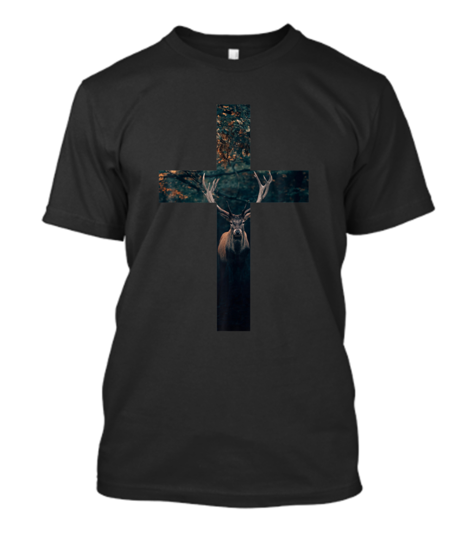 Christian Cross With Majestic Deer Forest Scene T-Shirt
