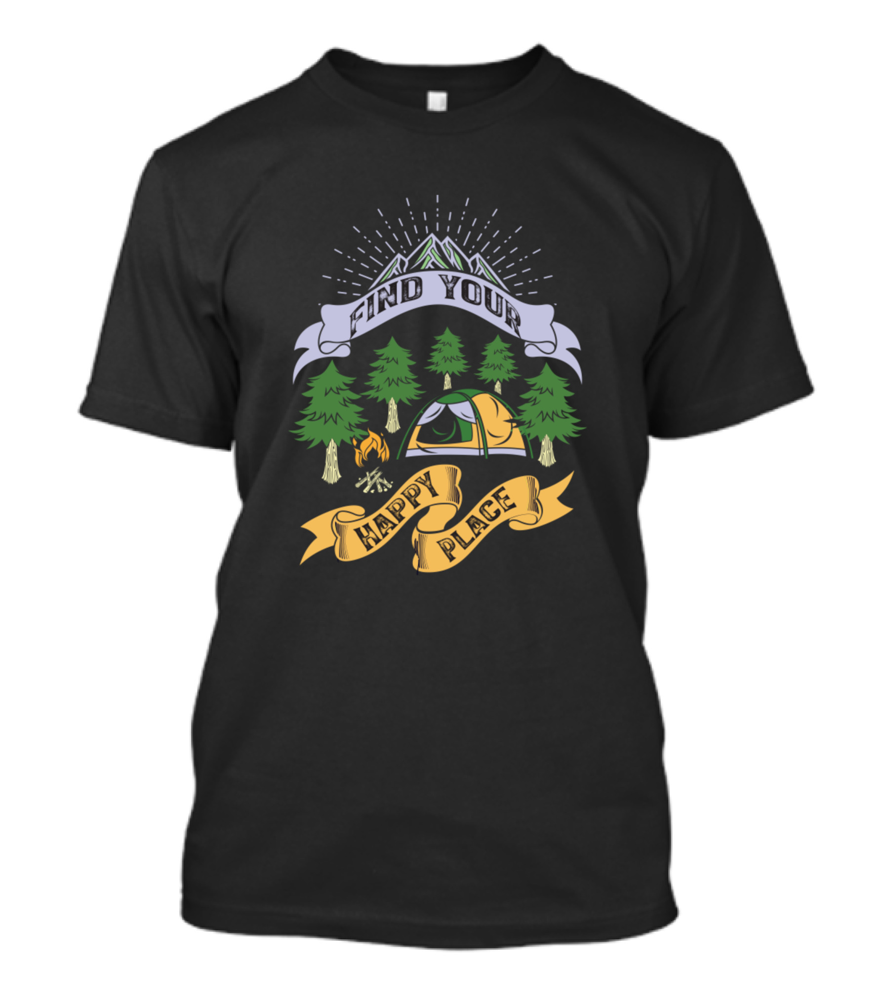 Find Your Happy Place Camping Tent With Mountains And Trees T-Shirt