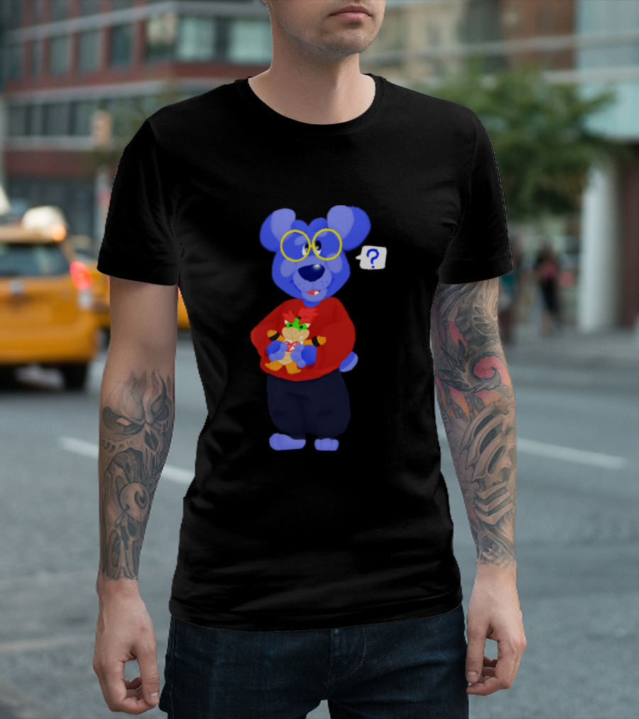 Fuzzy Blue Bear with Yellow Glasses Holding Cartoon Character T-Shirt