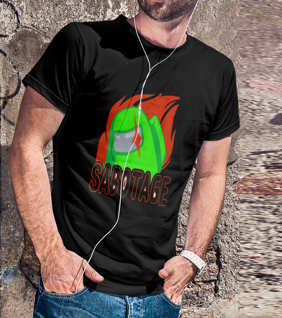 Green Sabotage Among Us Character With Flaming Background T-Shirt