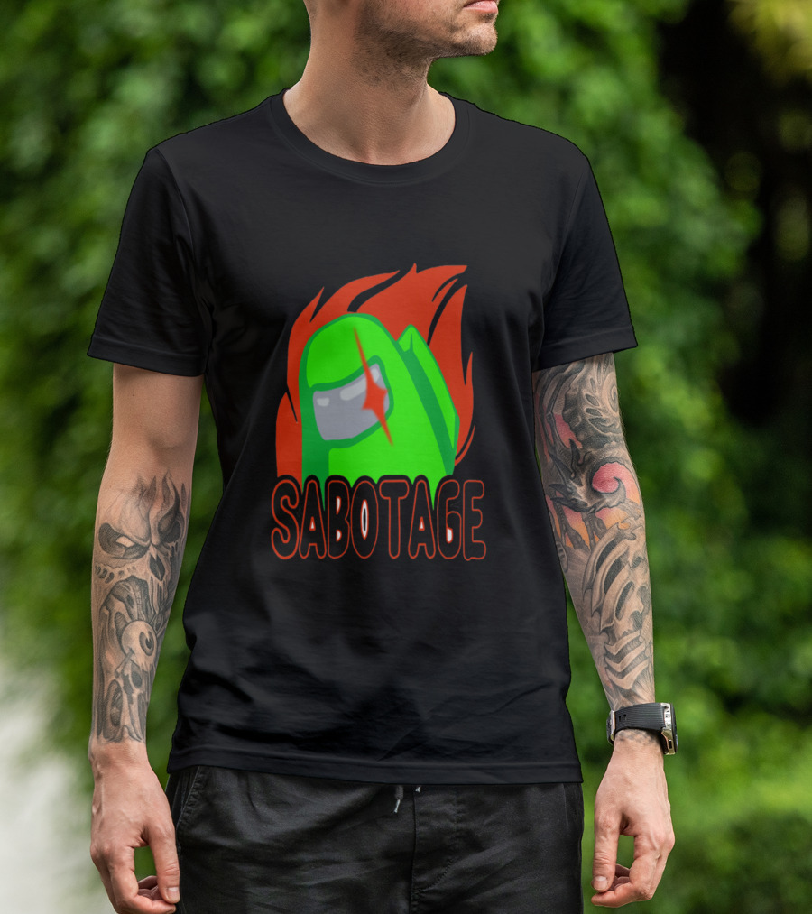 Green Sabotage Among Us Character With Flaming Background T-Shirt