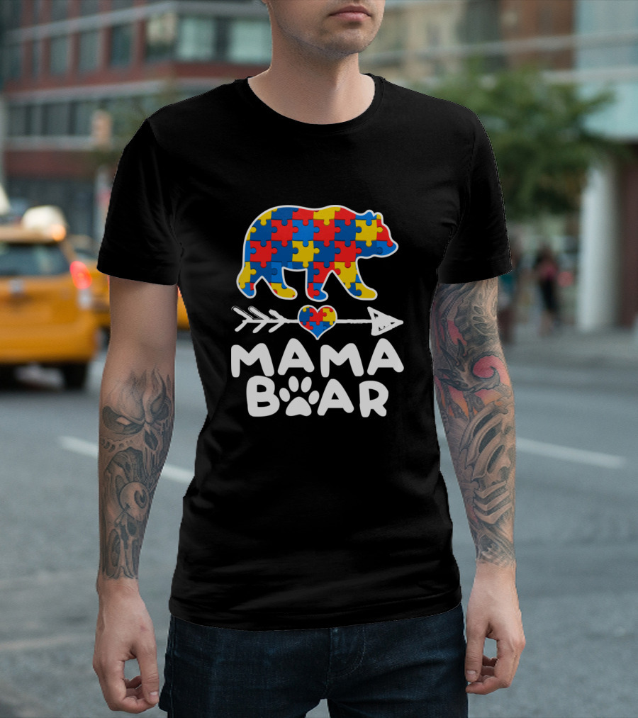 Mama Bear Heart Arrow Puzzle Piece Autism Awareness Family T-Shirt