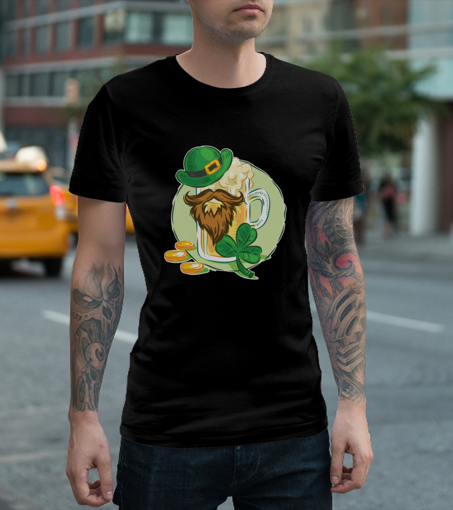St Patricks Day Beer Mug With Beard Hat Shamrock And Gold Coins Lucky T-Shirt