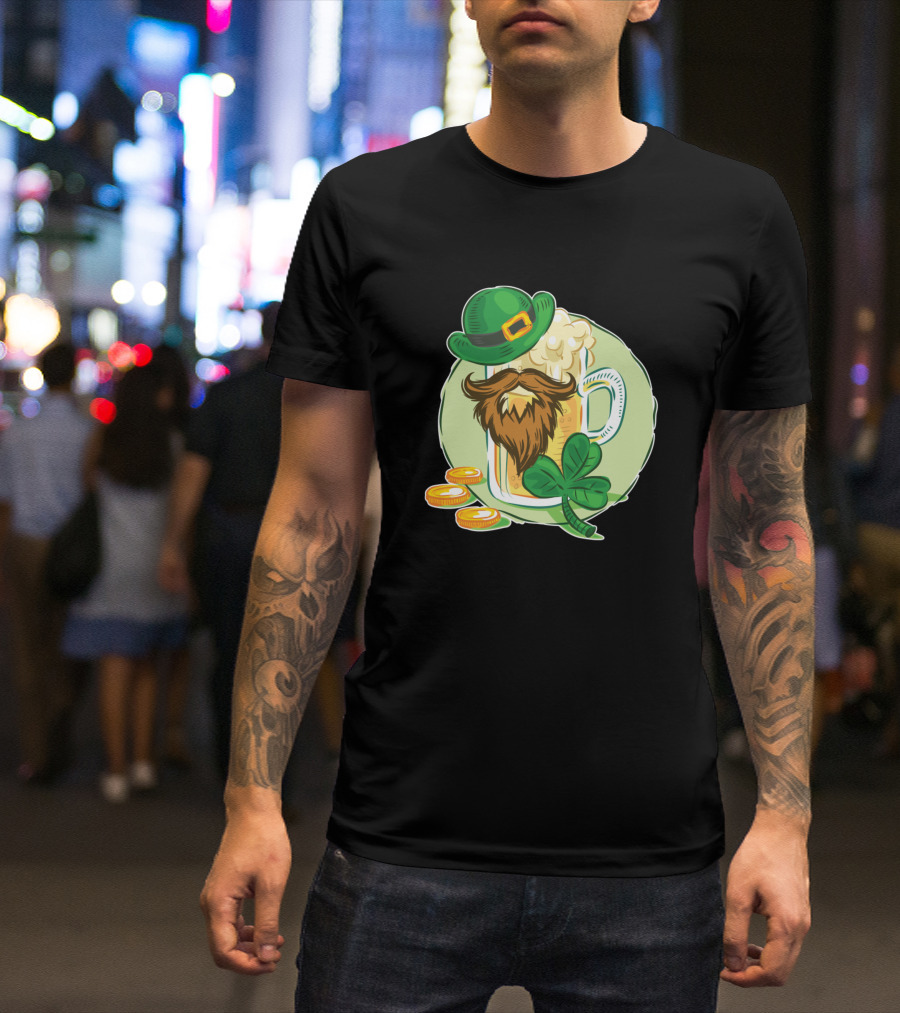 St Patricks Day Beer Mug With Beard Hat Shamrock And Gold Coins Lucky T-Shirt