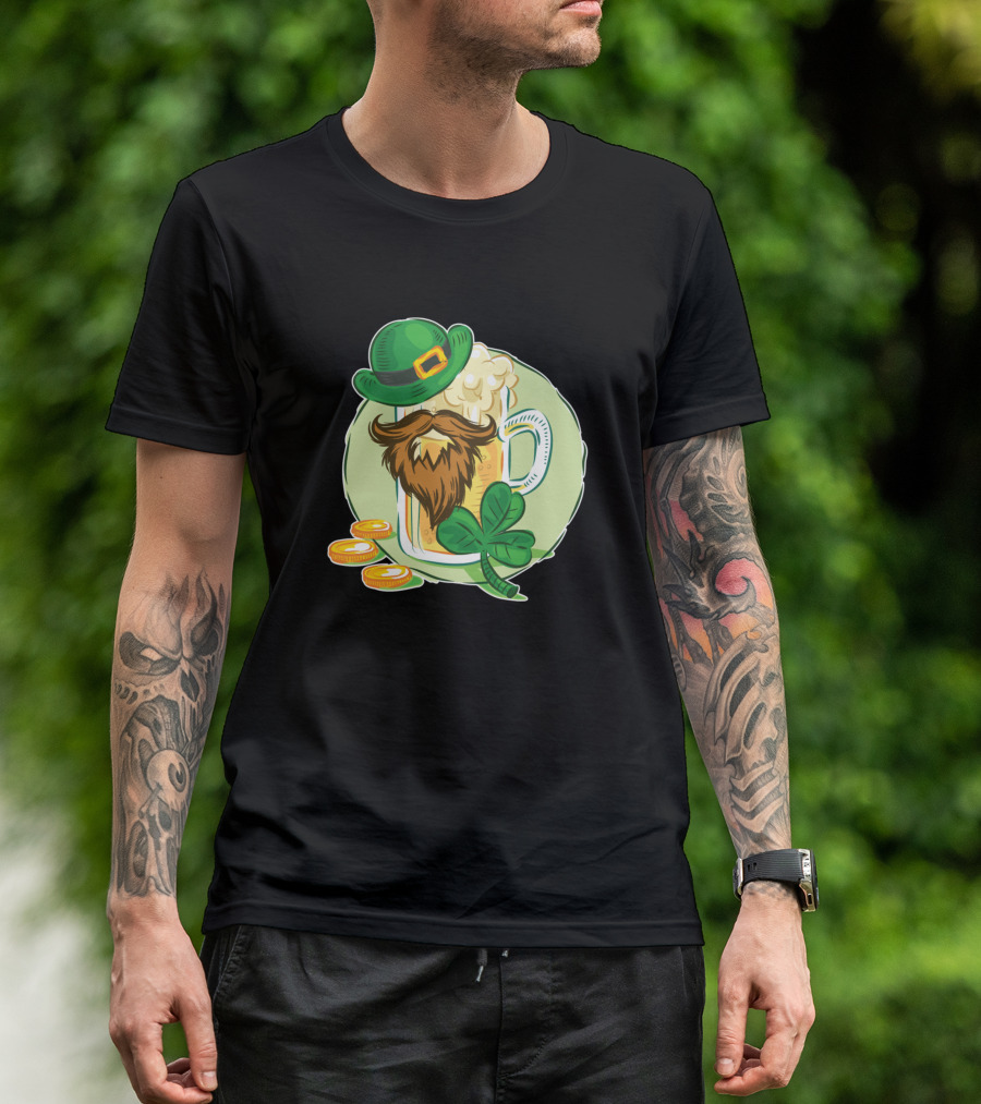 St Patricks Day Beer Mug With Beard Hat Shamrock And Gold Coins Lucky T-Shirt
